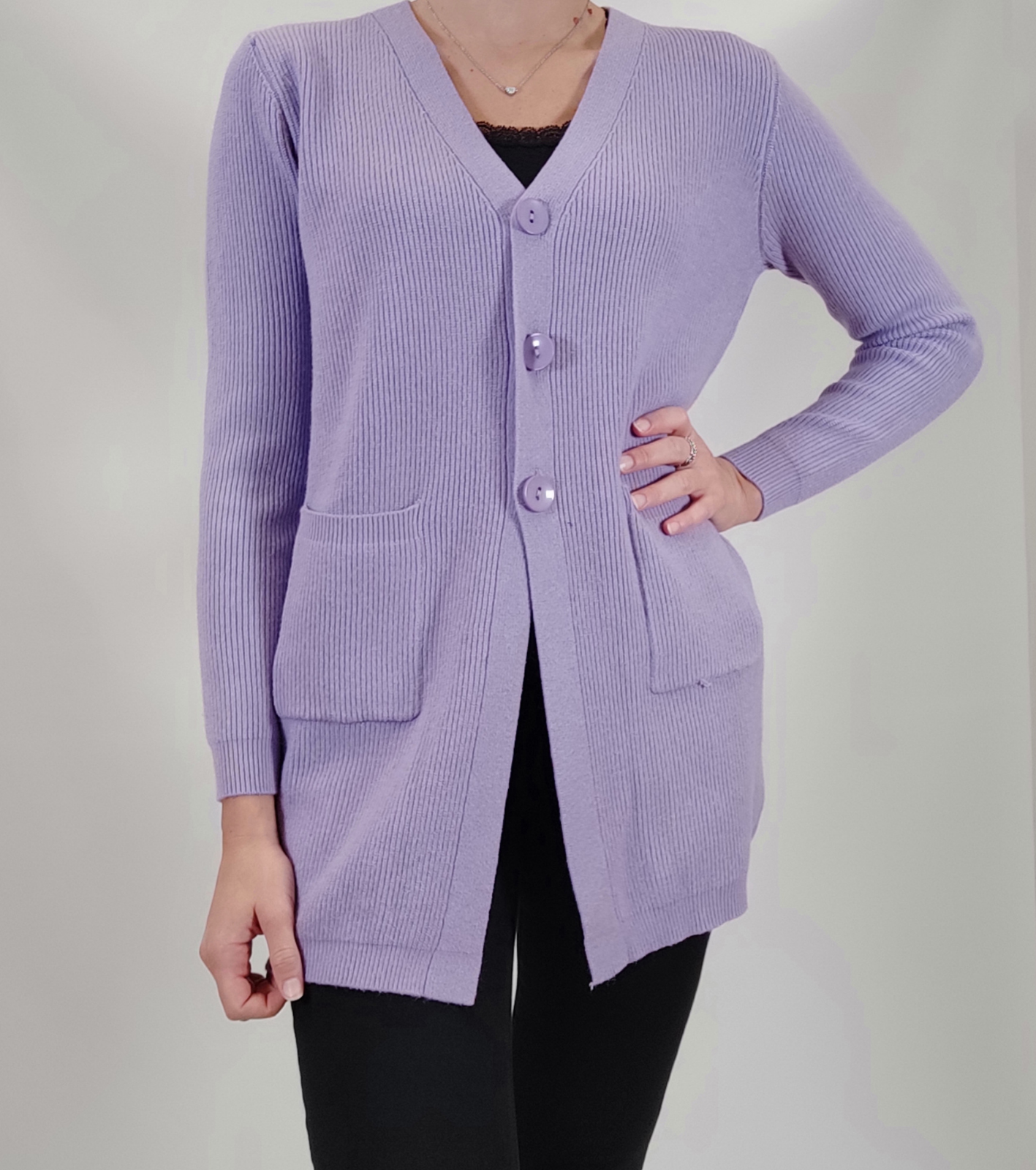 Cardigan Lungo Donna Wallis - Viola, Girocollo, Morbido Maglione In Maglia
